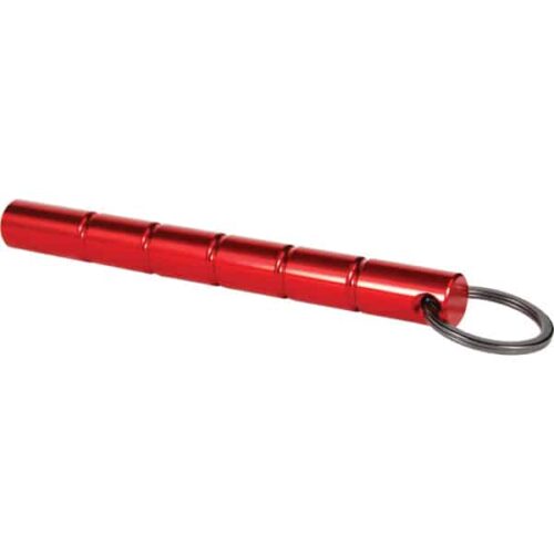 Red Kubotan aluminum self defense keychain lying horizontally.