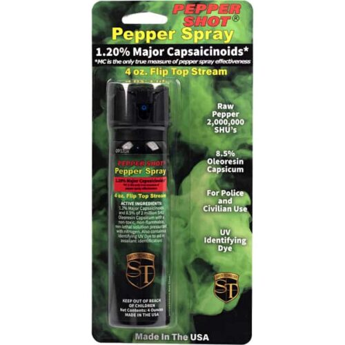 A can of Can of Pepper Shot 1.2% Major Capsaicinoids 4 oz Pepper Spray in packaging.