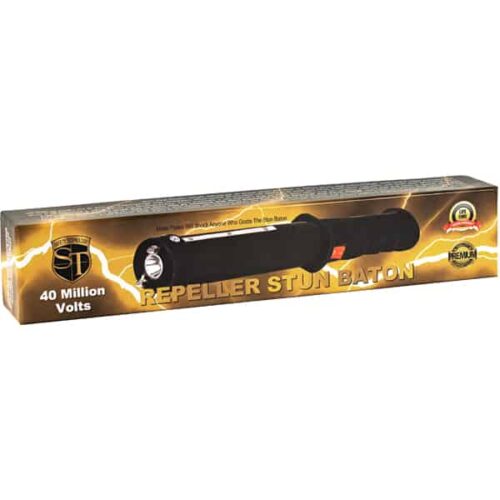 Safety Technology Repeller Stun Baton Black neatly packaged in its original box.
