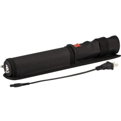 Safety Technology Repeller Stun Baton Black displayed lengthwise from the front with charging cable.