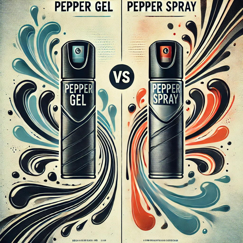 Stylized graphic comparing Pepper Gel and Pepper Spray, featuring sleek canisters with artistic spray patterns.