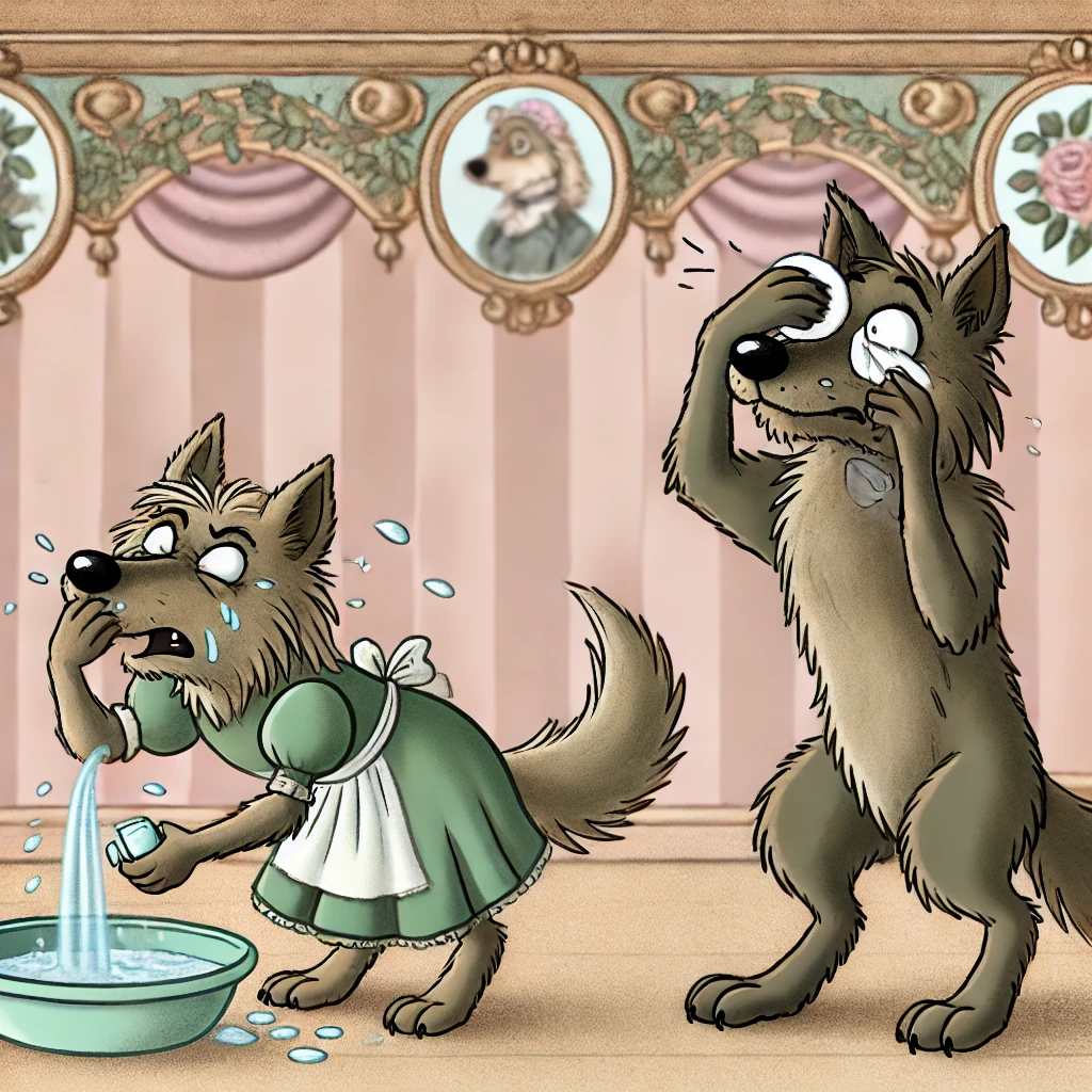 A Victorian-style cartoon featuring two anthropomorphic wolves experiencing pepper spray exposure. One wolf is dressed in a green dress and apron, pouring water into a bowl while crying from the irritation, while the other wolf, standing beside her, is pressing a cold compress to their eyes. The ornate background includes Victorian-style portraits and decorative elements.