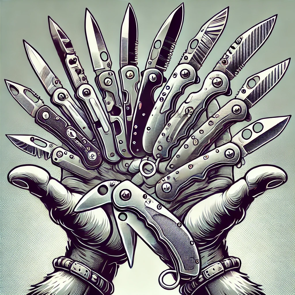 Cartoon image of anthropomorphic wolf hands holding various styles of folding knives, displayed against a monochrome background.