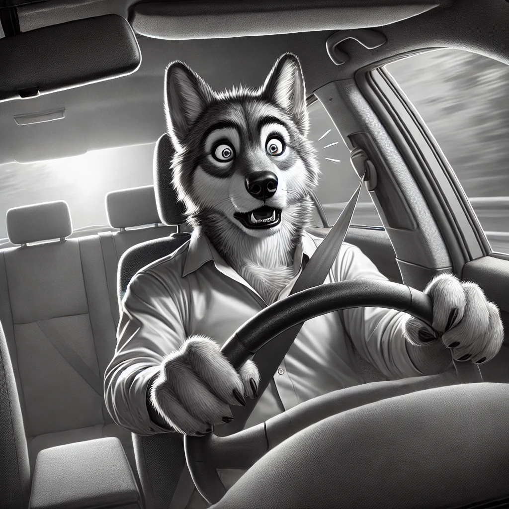 Grayscale image of an anthropomorphic wolf abruptly waking up in a car, showcasing surprise and alertness, emphasizing road safety in a detailed car interior setting.