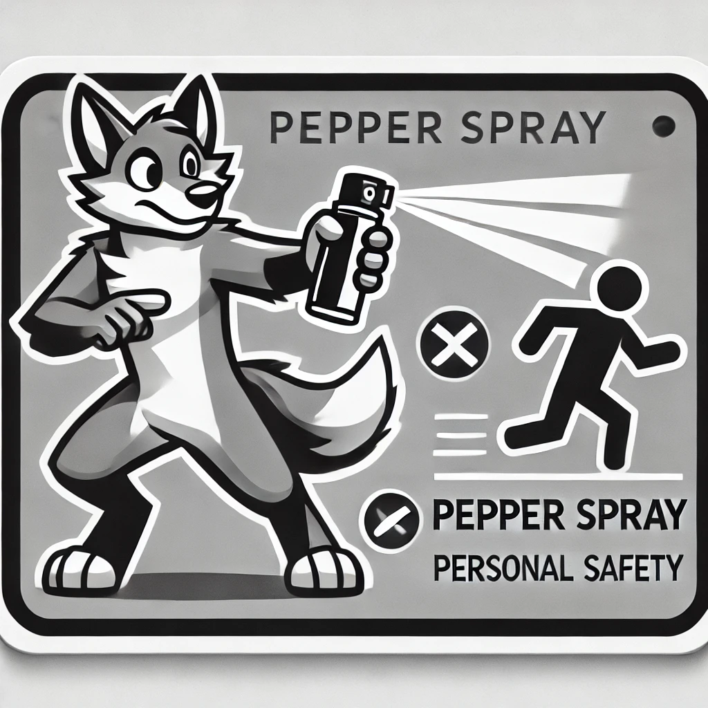 Grayscale safety sign featuring an anthropomorphic wolf using pepper spray correctly, aiming at a cartoonish threat with clear, bold lines.