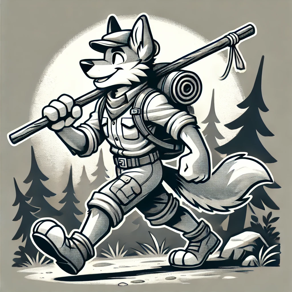 Grayscale cartoon of an anthropomorphic wolf in hiking gear, holding a staff, walking on a forest trail.