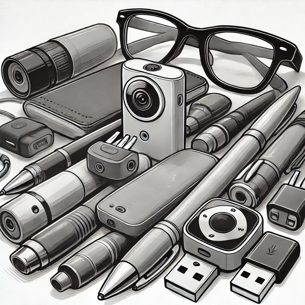 Grayscale, cartoonish-style graphic featuring discreet hidden cameras disguised as everyday objects like pens, glasses, and USB chargers, with a simple, soft-shaded background.