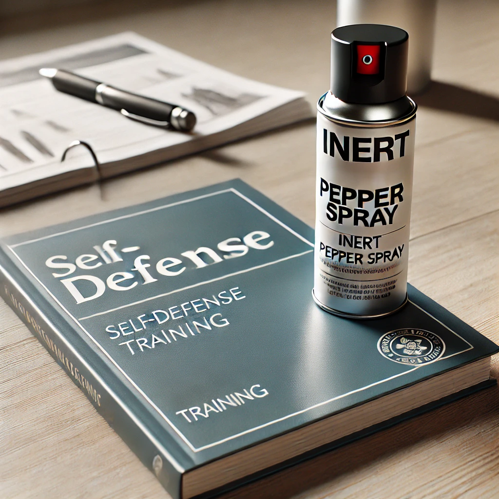 Image of an inert pepper spray canister lying next to an open self-defense training manual on a simple tabletop.