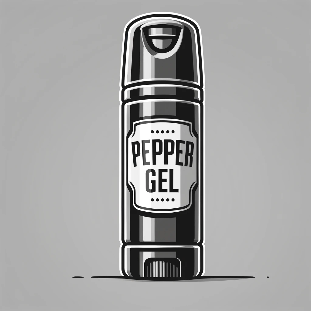 Grayscale illustration of a cylindrical pepper gel canister with clear labeling and a flip-top safety cap.