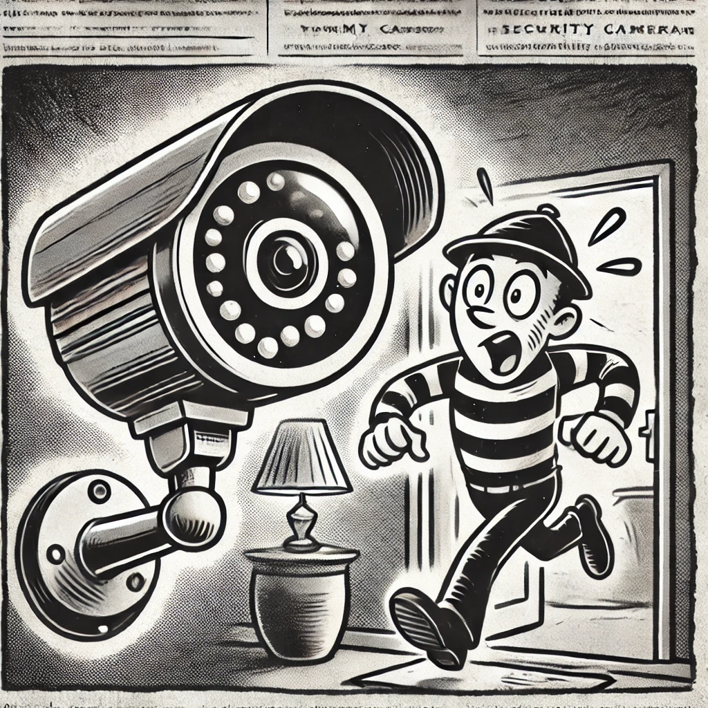 Grayscale cartoon-style graphic showing a surprised burglar reacting to a dummy security camera, mistakenly believing it to be real. The camera is prominently displayed with exaggerated features in a simplistic home environment.