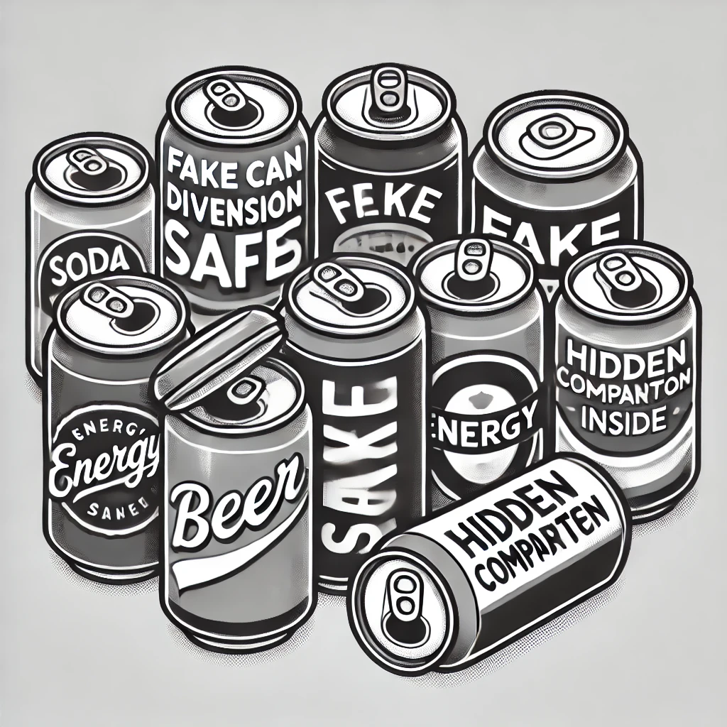 A grayscale cartoon graphic showing various fake can diversion safes, including soda cans, beer cans, and energy drink cans. One can is slightly open, revealing a hidden compartment inside.