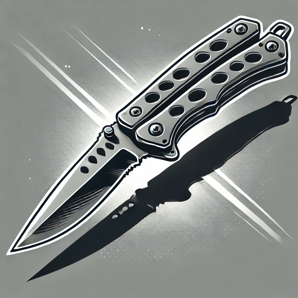 Grayscale cartoon-style illustration of a folding butterfly trench knife with a partially open blade, showcasing a rugged design and textured handle.