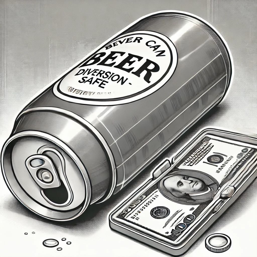 Grayscale cartoonish image of a beer can diversion safe slightly opened to reveal a hidden compartment, with small items like cash and jewelry nearby.