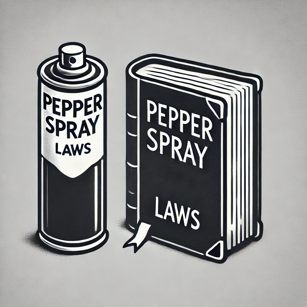 A grayscale, stylized cartoon image of a pepper spray can labeled "Pepper Spray" and a law book with the title "Laws" on the cover, symbolizing the connection between pepper spray and legal regulations.