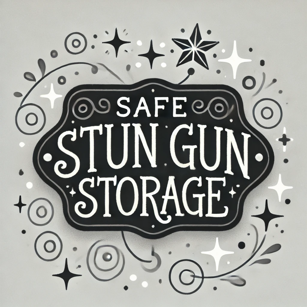 Whimsical grayscale illustration of a sign that reads 'Safe Stun Gun Storage' surrounded by playful, curvy lines and floating stars.