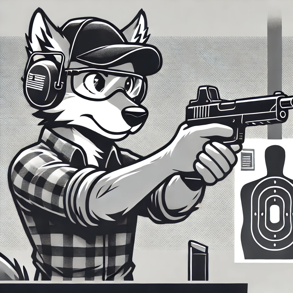 Grayscale cartoon of an anthro wolf demonstrating safe firearm handling at a shooting range. The wolf is wearing ear and eye protection, standing in a proper shooting stance with its finger off the trigger, emphasizing gun safety