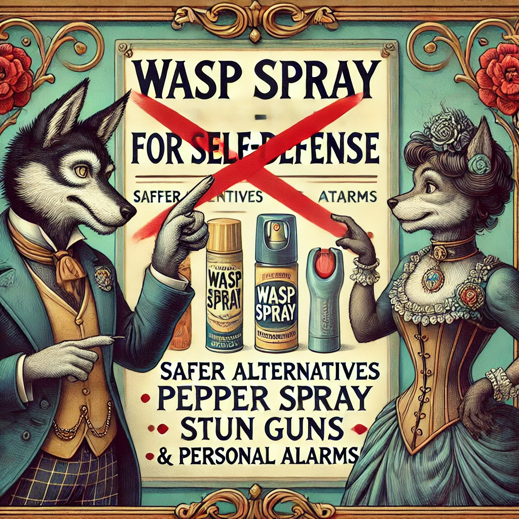 Victorian-inspired cartoon featuring two anthropomorphic wolves. One wolf points to a sign reading 'Wasp Spray for Self-Defense' with a large red 'X' through it, rejecting the use of wasp spray. The other wolf gestures towards a separate sign promoting safer alternatives like pepper spray, stun guns, and personal alarms. Both wolves wear ornate Victorian clothing, with detailed patterns emphasizing the rejection of wasp spray for self-defense in favor of proper safety tools.