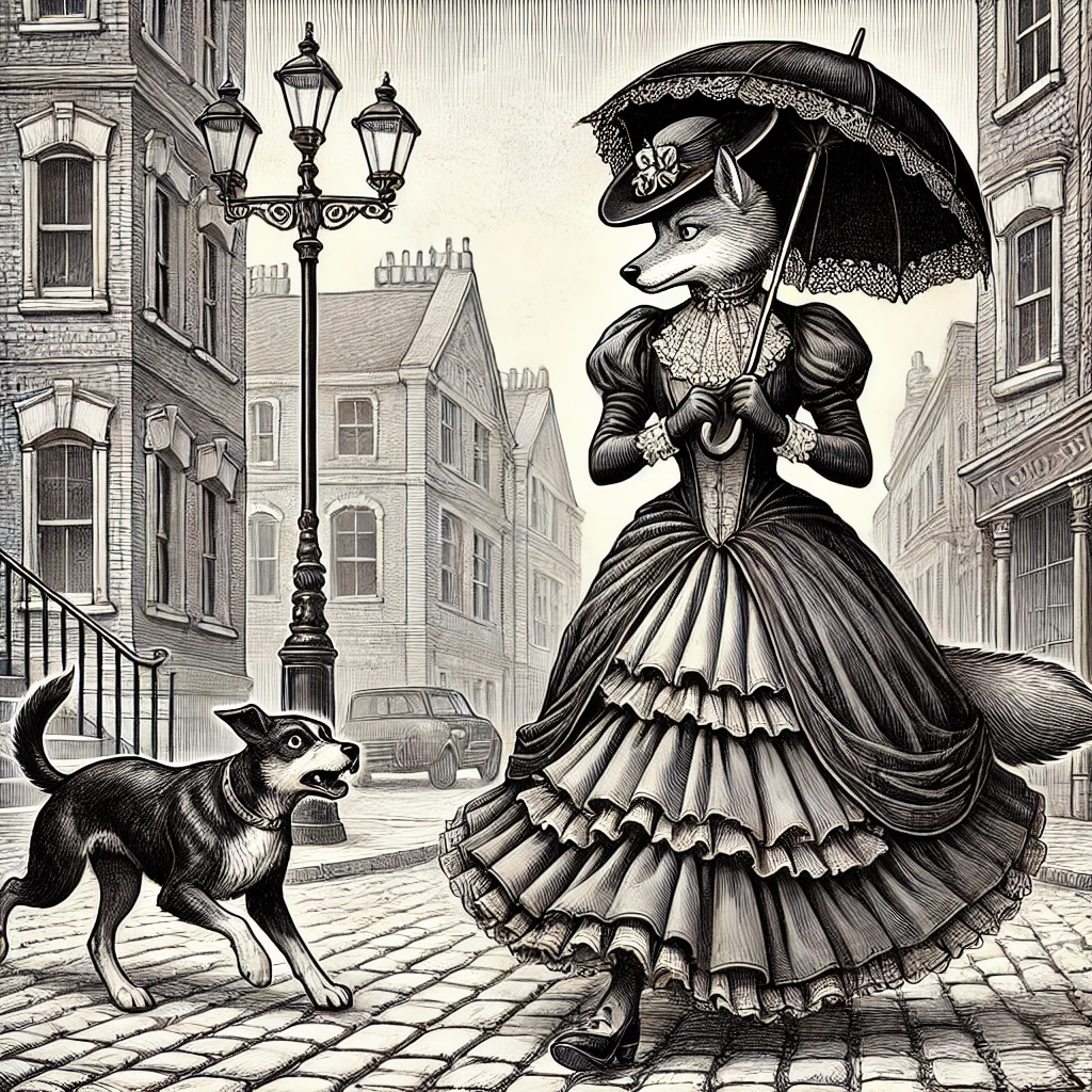 Victorian-style black-and-white illustration of an anthropomorphic female wolf holding an umbrella defensively as an aggressive dog approaches on a cobblestone street, with ornate buildings and street lamps in the background.