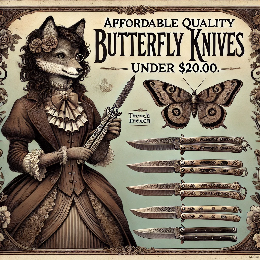 Victorian-style advertisement featuring an anthropomorphic female wolf in elegant Victorian attire, holding a butterfly knife with the text 'Affordable Quality Butterfly Knives - Under .00.' The ad includes multiple butterfly knives, intricate floral patterns, and scrollwork.