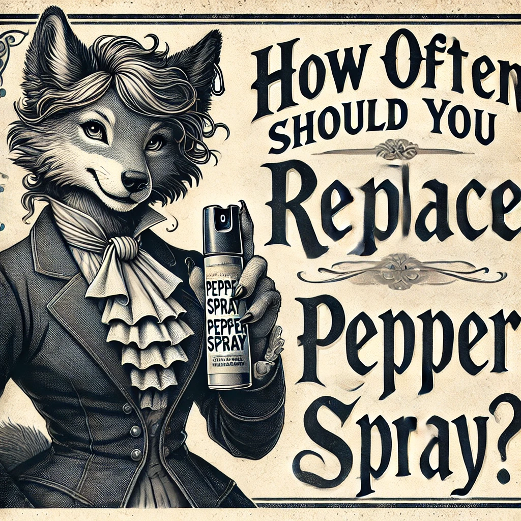 Victorian-style print advertisement featuring a female anthropomorphic wolf in school teacher attire, holding a pepper spray canister. The text reads 'How Often Should You Replace Pepper Spray?' in elegant typography.