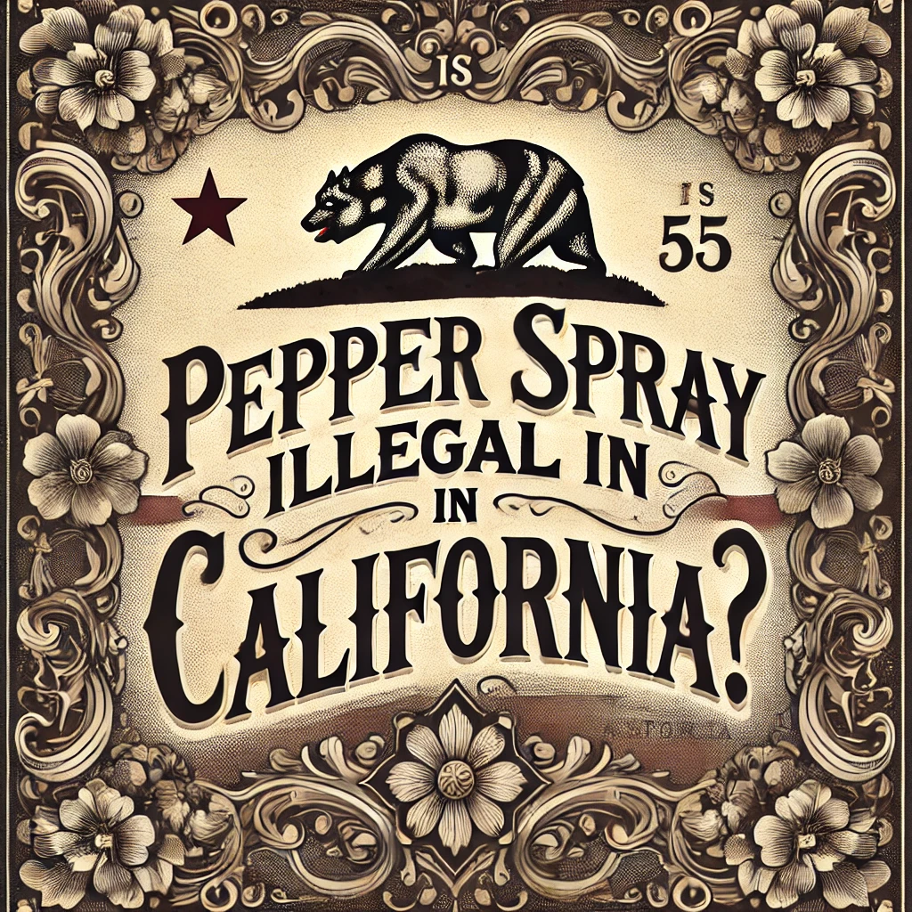 A Victorian-style California state flag featuring the question "Is Pepper Spray Illegal in California?" in an ornate, vintage font. The design includes intricate floral patterns and muted tones, with the iconic bear and star subtly incorporated in the background.