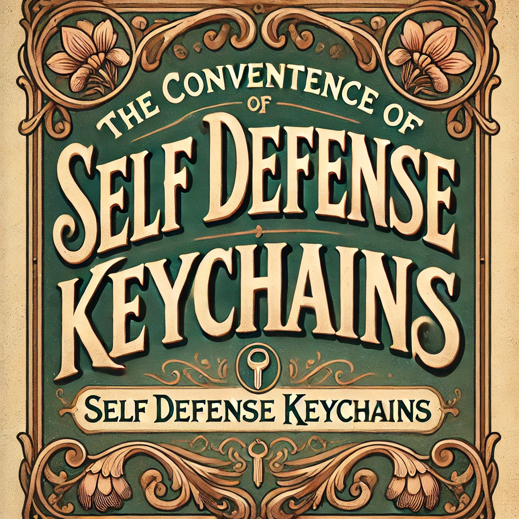 Victorian-style advertisement sign with natural colors reading "The Convenience of Self Defense Keychains" in elegant vintage font.