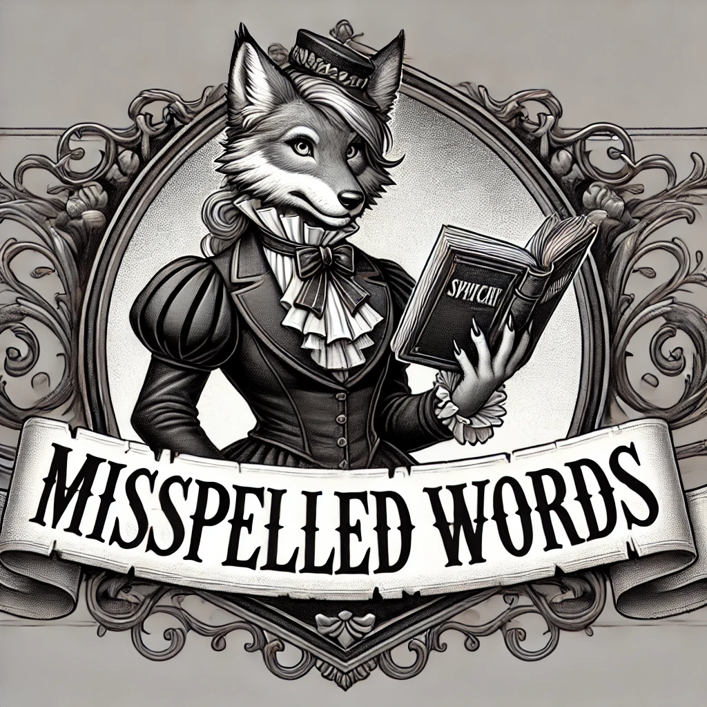 A Victorian-style greyscale advertisement featuring an anthropomorphic female wolf dressed as a school teacher. She is wearing a high-collared Victorian dress and holding an open book labeled "Misspelled Words: Self Defense." The design is highly ornate, with intricate borders and classic Victorian embellishments. A banner at the bottom of the image prominently displays the text "Misspelled Words: Self Defense" in bold, decorative lettering, matching the overall aesthetic of a vintage advertisement.