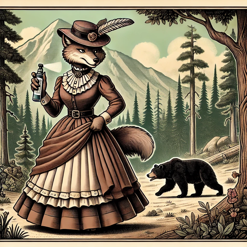 Victorian-style cartoon featuring a female anthropomorphic wolf camper in a forest setting, dressed in Victorian-era outdoor garments, holding bear spray with a black bear in the distance. Mountains and trees complete the natural wilderness scene.