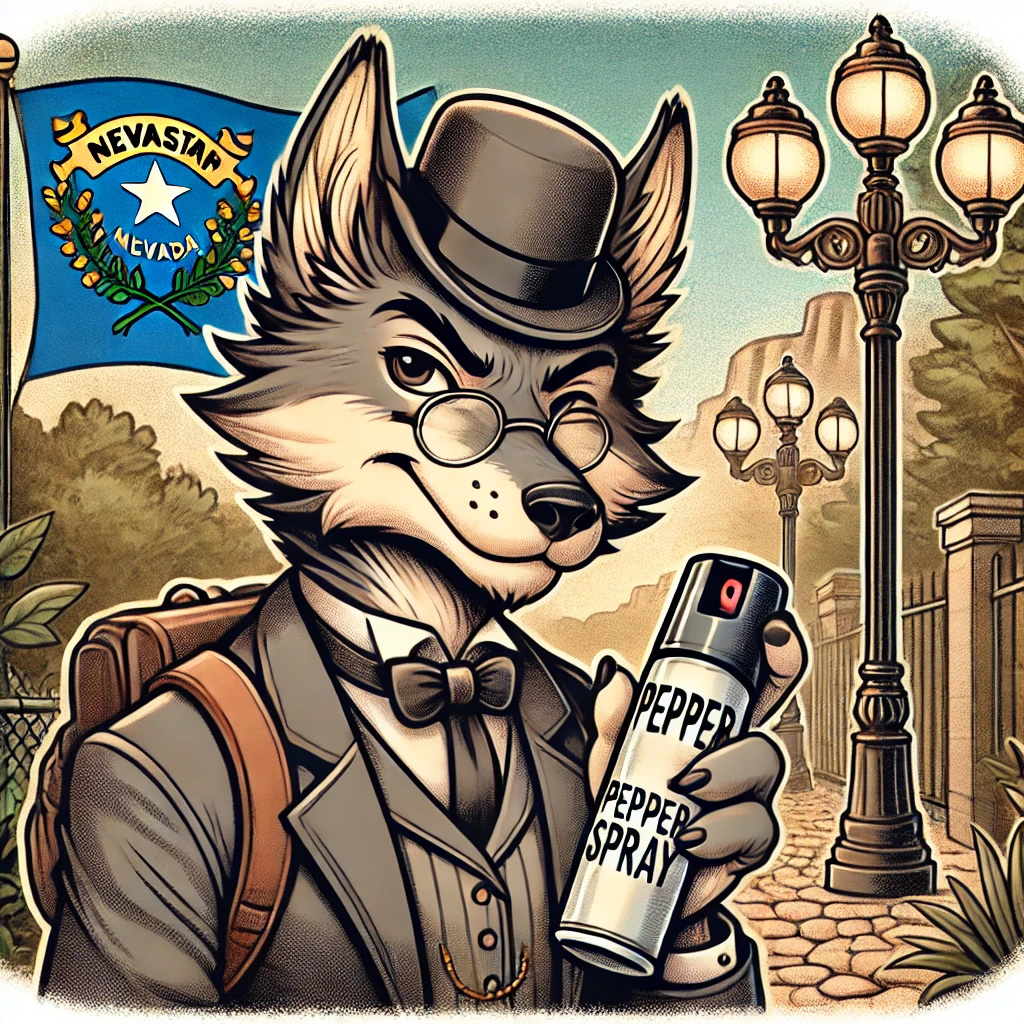 Victorian-style cartoon illustration of an anthro wolf holding a pepper spray canister, dressed in period-appropriate attire, with the Nevada state flag subtly incorporated in the background. The scene is set outdoors with natural colors and earthy tones.