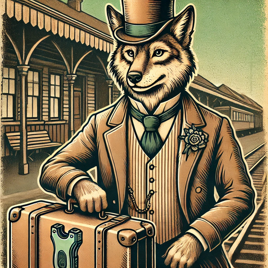 Victorian-style cartoon of an anthro wolf traveler dressed in period clothing with a suitcase, featuring muted natural colors and a vintage train station backdrop.