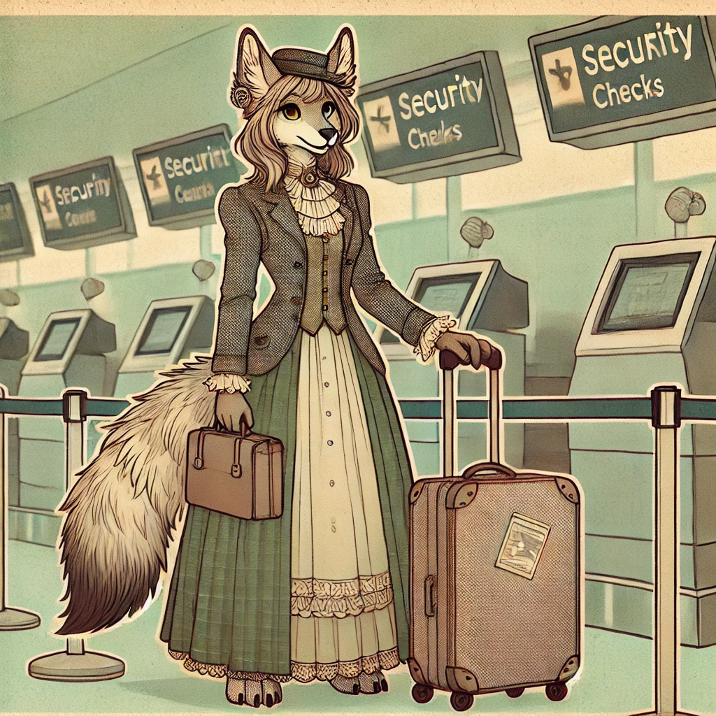 A cartoon-style Victorian-era female anthropomorphic wolf traveler standing at an airport check-in counter with a plain suitcase. The character is dressed in traditional Victorian clothing, surrounded by a mix of modern travel elements like signage and security checks, using soft, muted natural colors.