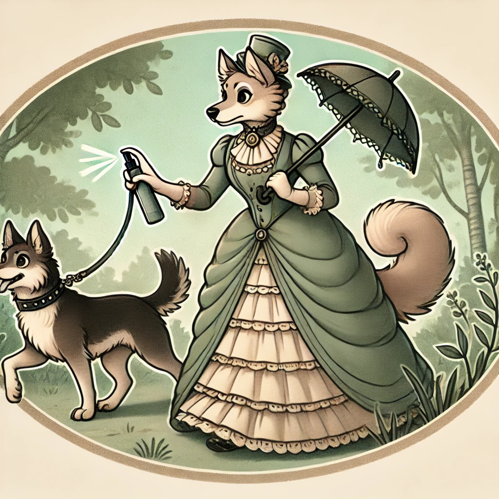 Victorian-style cartoon featuring a female anthropomorphic wolf walking a dog in a natural outdoor setting. The wolf character is dressed in Victorian-era clothing, holding a leash in one hand and pepper spray in the other, symbolizing safety. The illustration features muted, soft colors with a detailed background of greenery and trees.