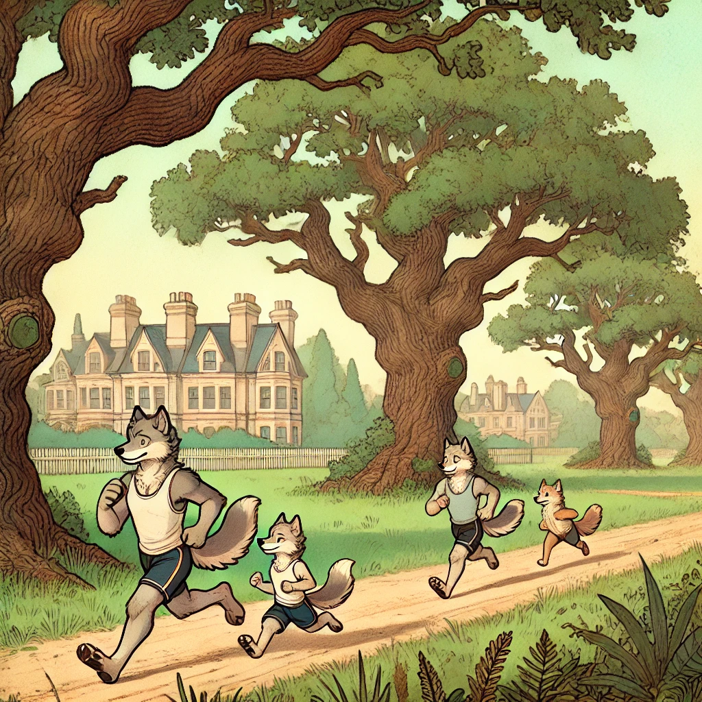 Victorian-style cartoon illustration of anthro wolves jogging through a peaceful park with large oak trees and Victorian buildings in the background.