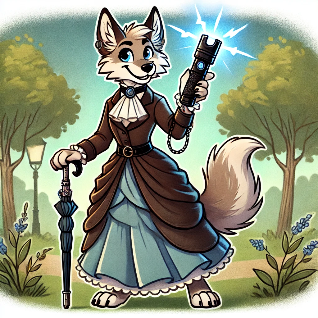 Victorian-style cartoon illustration featuring an anthro wolf dressed in elegant Victorian clothing, holding a stun cane and a self-defense flashlight in a peaceful park setting.