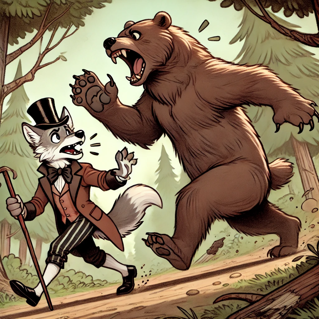 Cartoon-style image of an anthropomorphic wolf in Victorian clothing being attacked by a bear in a forest setting. The wolf defends itself with a walking stick, displaying tension and action amidst natural colors of brown, green, and gray.