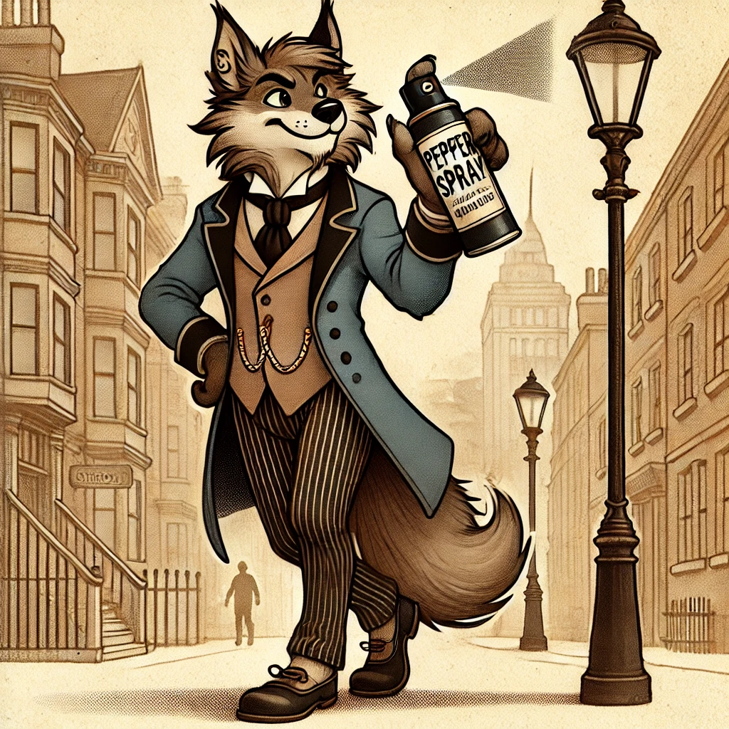 Anthropomorphic wolf in Victorian-era clothing holding pepper spray confidently, walking down a vintage city street with brick buildings and lamp posts.