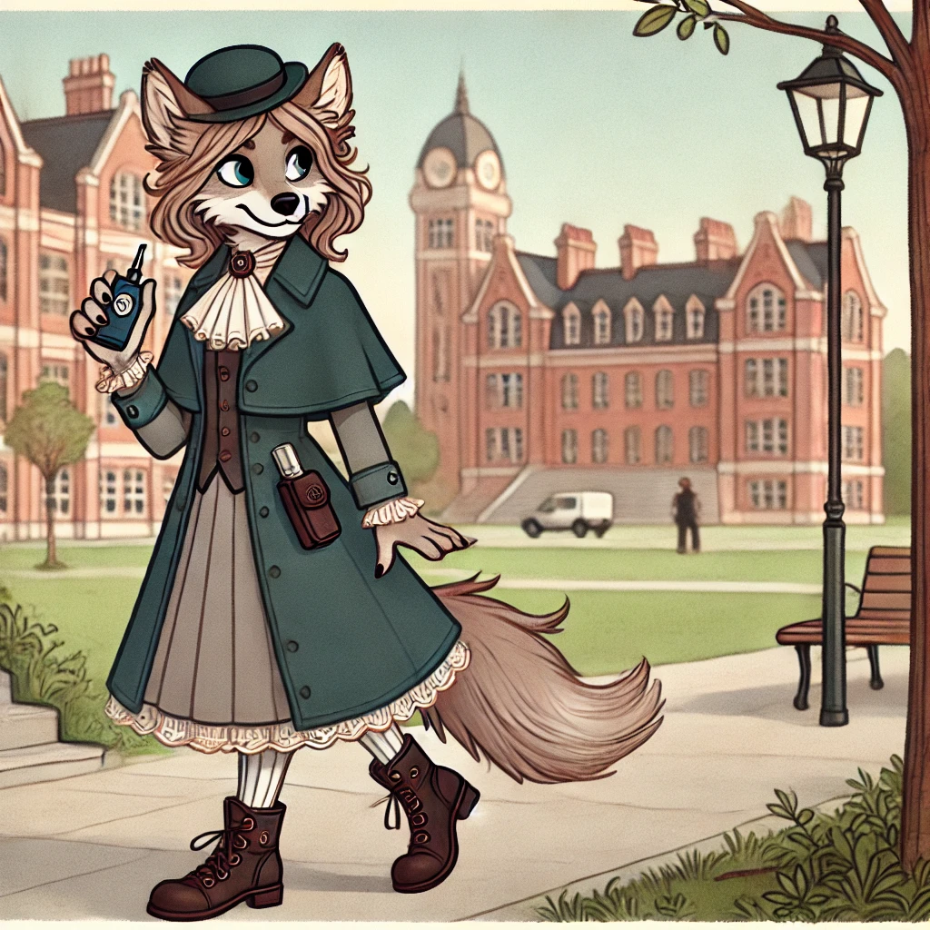 Victorian cartoon-style image of a female anthropomorphic wolf holding a personal alarm and pepper spray on a college campus.