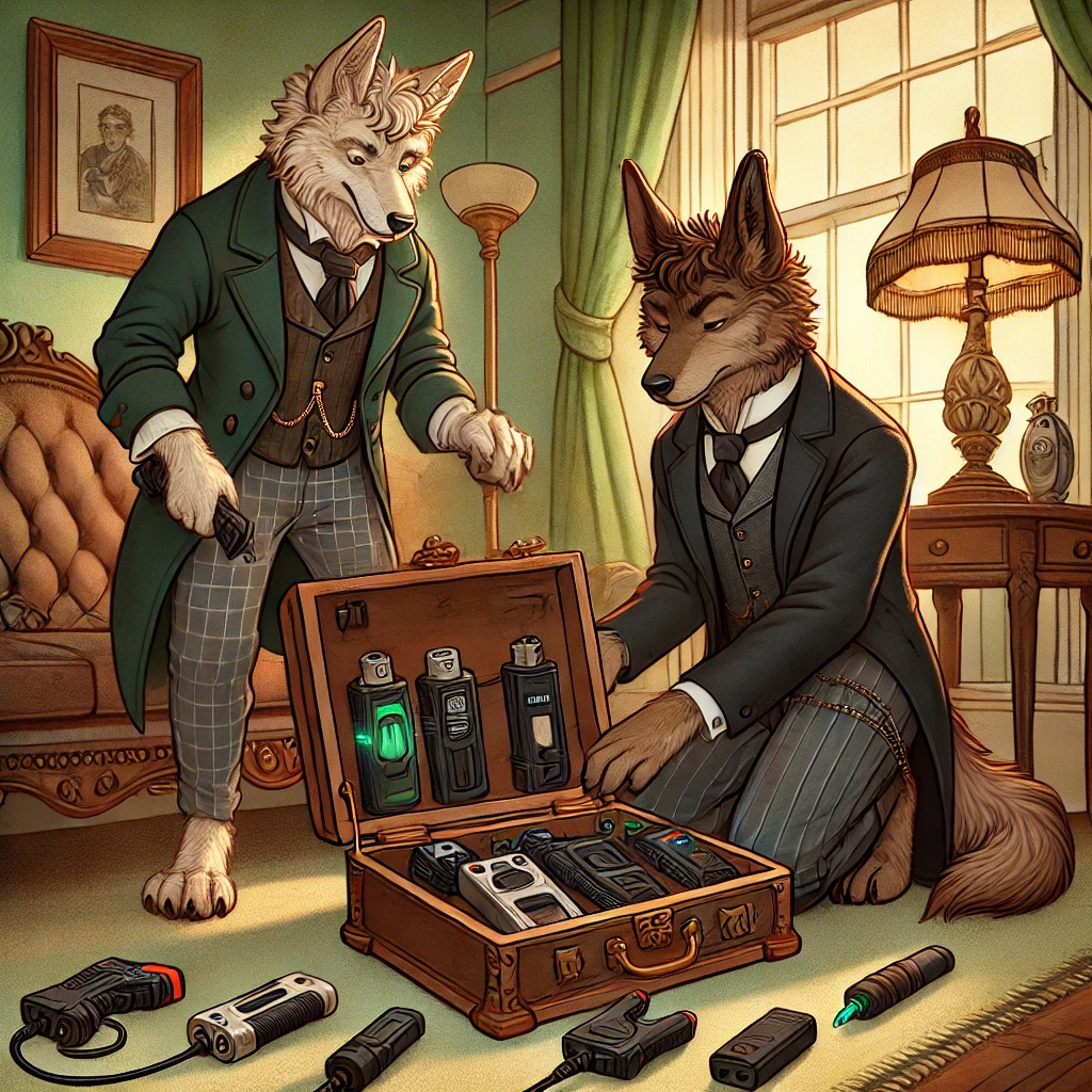 Victorian-style cartoon of anthropomorphic wolves in a home setting, dressed in Victorian clothing, demonstrating how to properly store stun guns and Tasers in an ornate lockbox