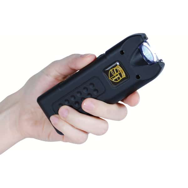 MultiGuard Rechargeable Stun Gun with a built-in alarm and flashlight, showcasing a compact black device with prongs for delivering a high-voltage shock, along with buttons for activating the alarm and flashlight.