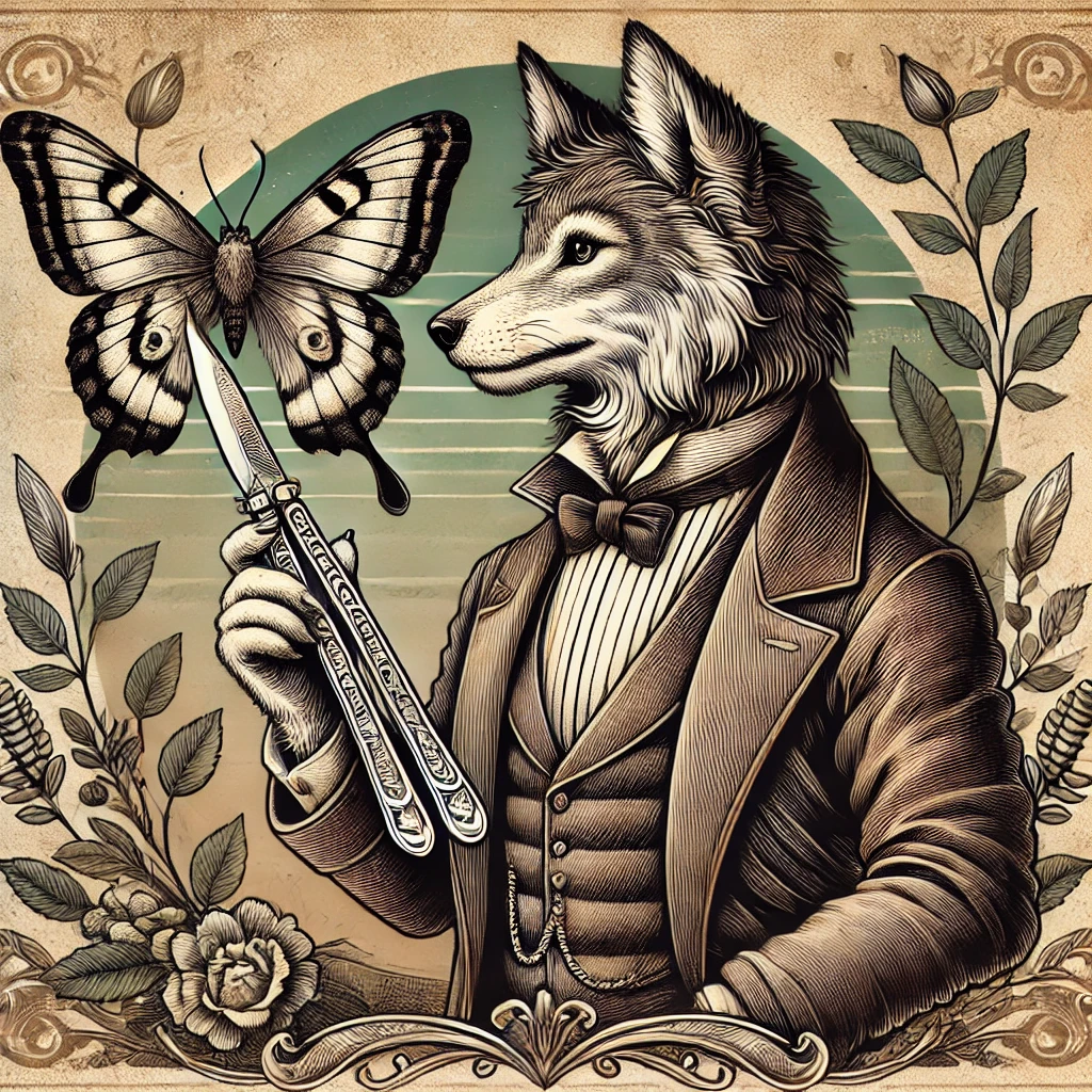 Victorian-style anthropomorphic wolf holding a butterfly knife in a vintage, old-world setting with natural tones and detailed linework.