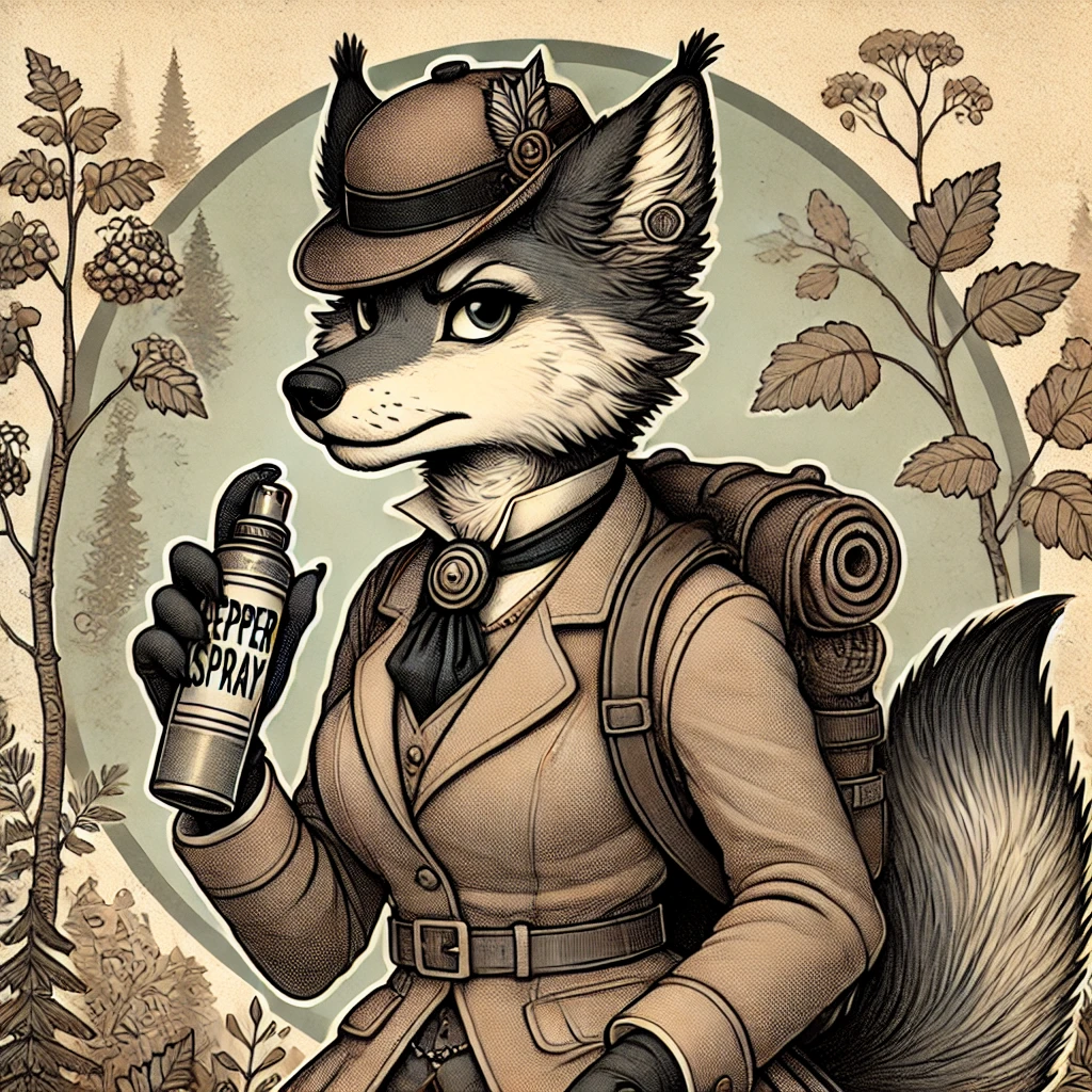 Victorian-style cartoon of a female anthropomorphic wolf in outdoor attire, holding a pepper spray canister in a woodland setting.