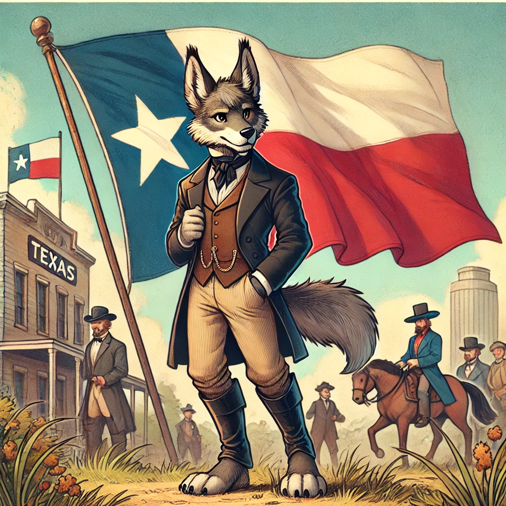 Victorian-style cartoon illustration featuring an anthropomorphic wolf character in Victorian attire with the Texas state flag waving in the background. The scene highlights the keyword 'Is Pepper Spray Legal in Texas' for a related blog post