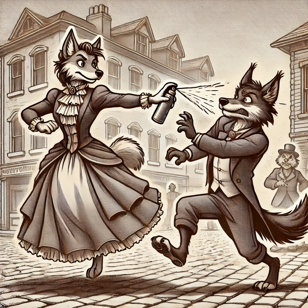 Victorian-style cartoon of a female anthropomorphic wolf using pepper spray for Non-Fatal Protection for Women against a male attacker on a cobblestone street.