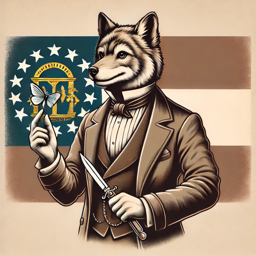 Victorian-style cartoon of an anthropomorphic wolf holding a butterfly knife with the Georgia state flag in the background, illustrating the question: Are butterfly knives illegal in Georgia?