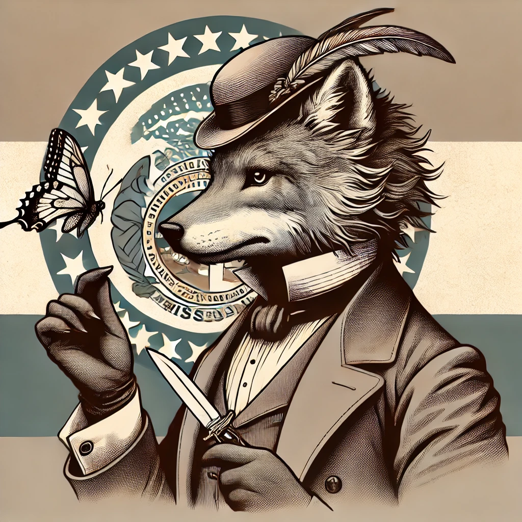 Victorian-style cartoon of an anthropomorphic wolf holding a butterfly knife with the Missouri state flag in the background, illustrating the question: Are butterfly knives illegal in Missouri?