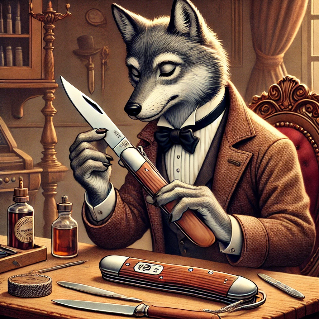 Victorian-style cartoon wolf maintaining an Out-The-Front (OTF) pocket knife with the blade extended from the top, set in a detailed Victorian study.