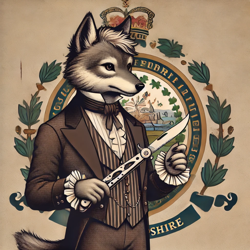 Victorian-style cartoon of an anthropomorphic wolf holding a butterfly knife with the New Hampshire state flag in the background, illustrating the question: Are butterfly knives illegal in New Hampshire?