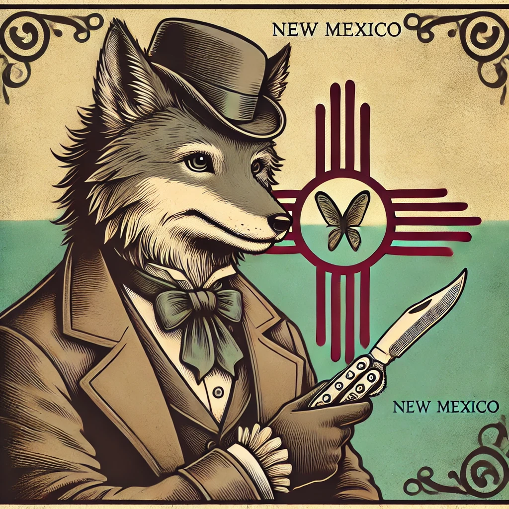 Victorian-style cartoon of an anthropomorphic wolf holding a butterfly knife with the New Mexico state flag in the background, illustrating the question: Are butterfly knives illegal in New Mexico?