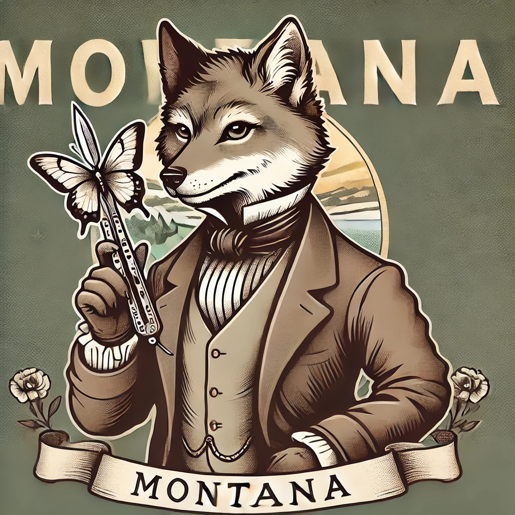 Victorian-style cartoon of an anthropomorphic wolf holding a butterfly knife with the Montana state flag in the background, illustrating the question: Are butterfly knives illegal in Montana?