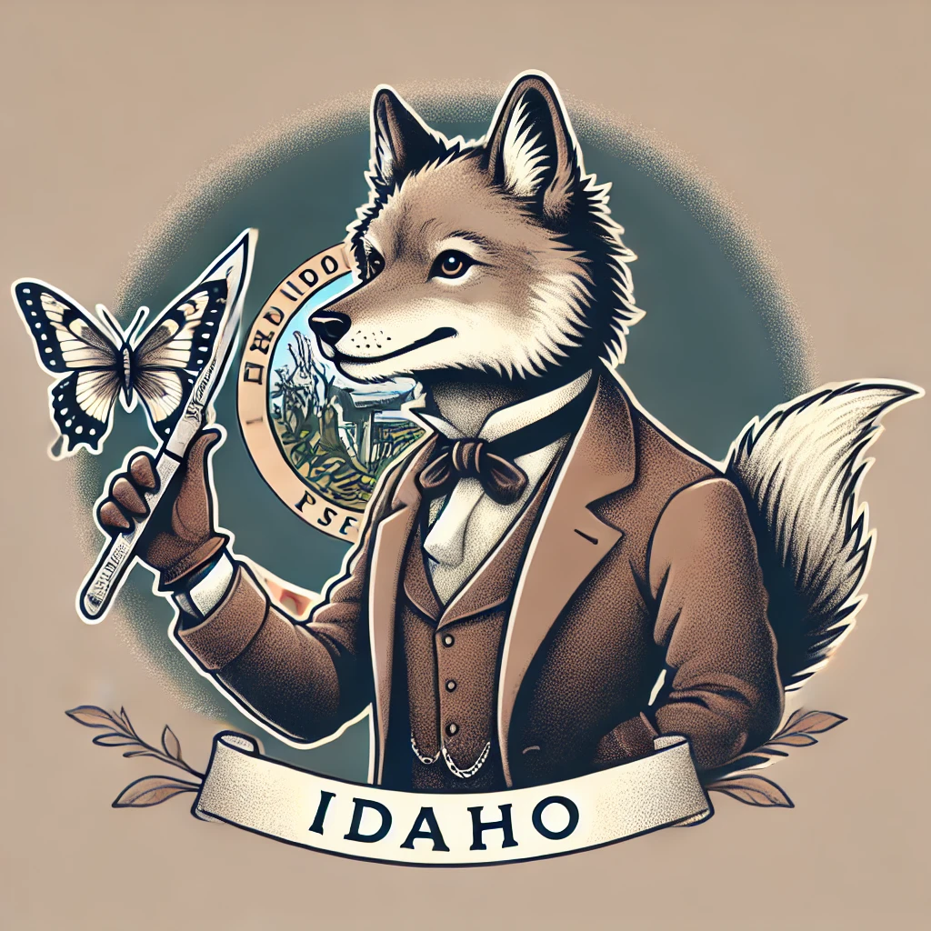 Victorian-style cartoon of an anthropomorphic wolf holding a butterfly knife with the Idaho state flag in the background, illustrating the question: Are butterfly knives illegal in Idaho?